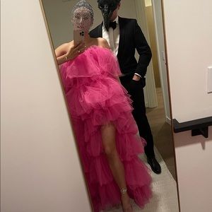 Fushia layered tulle long gown with open front